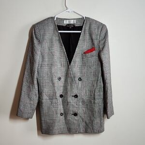 Gloria Vanderbilt Classic Houndstooth Plaid Blazer Red Accent Wool Blend 12